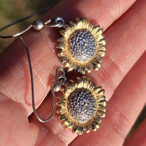 Sterling silver 925 gold boho hippie flower child sunflower earrings - Picture 5 of 13